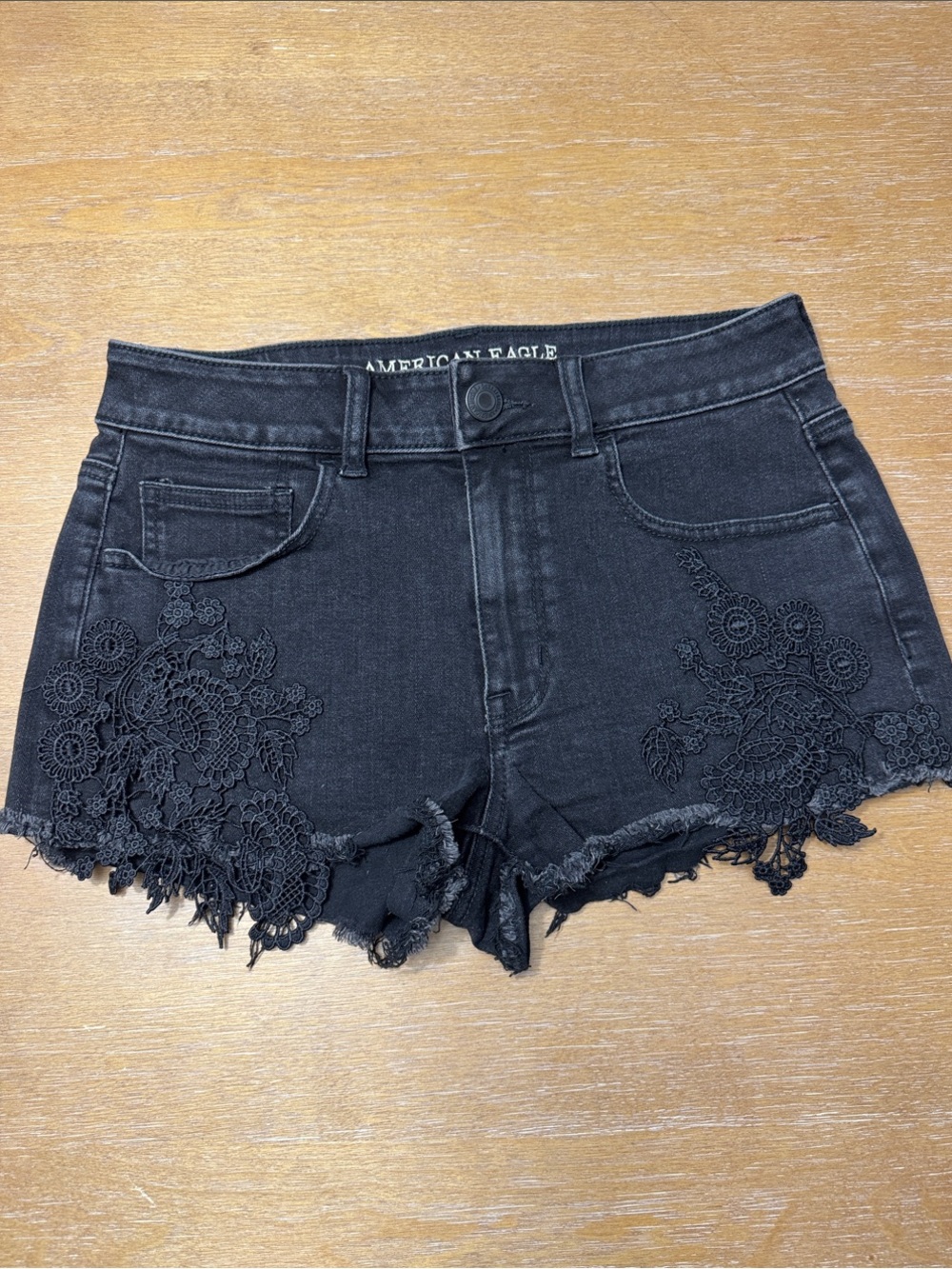 American Eagle Outfitters Black Denim Shorts with Lace Appliqué
